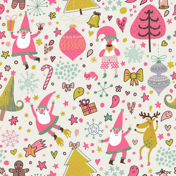 Funny seamless christmas pattern with holiday elements — Stock Vector