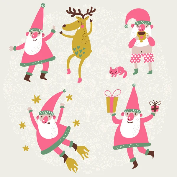 4 drôles Père Noël et cerf dans un ensemble vectoriel . — Image vectorielle