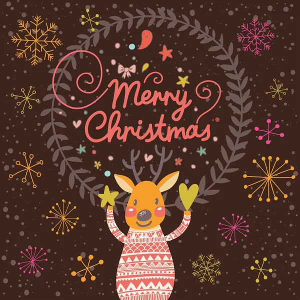 Bright Christmas card with cute Deer in vector. — Stock Vector