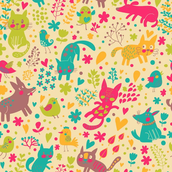 Bright childish seamless pattern with birds, cats and funny dogs — Stock Vector