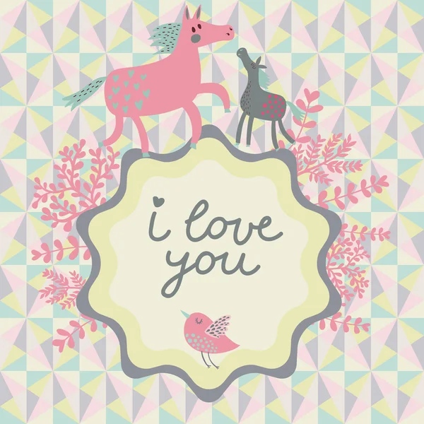 馬の母とスタイリッシュなベクトル カード上のかわいい子馬. — ストックベクタ