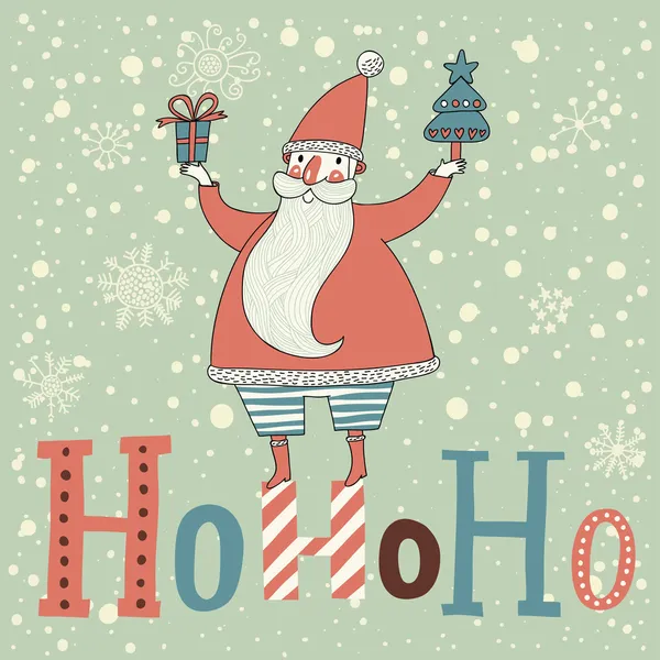 Amistoso Santa Claus con regalos en HoHoHo texto en vector . — Vector de stock