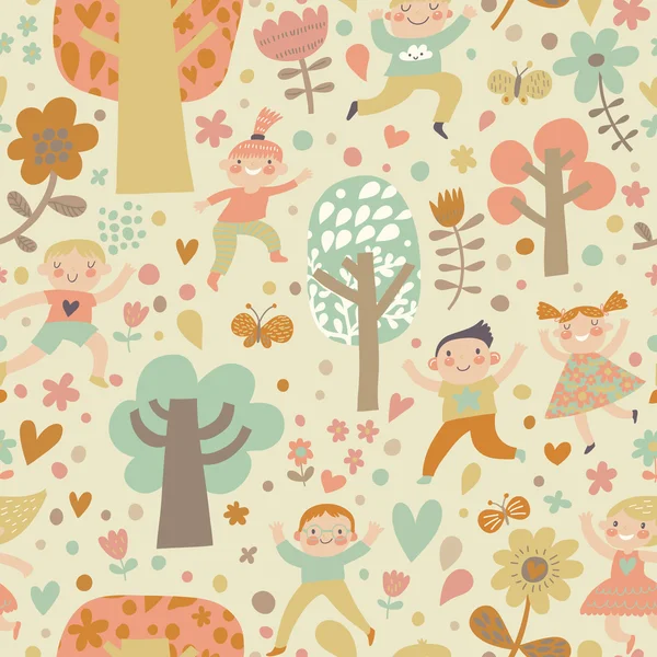 Niños jugando en el bosque en flores, corazones y mariposas . — Vector de stock