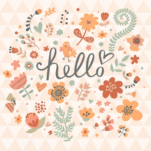 Κομψό floral κάρτα από χαριτωμένα λουλούδια και πουλιά — Διανυσματικό Αρχείο