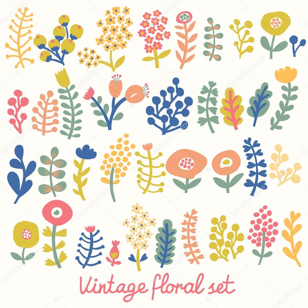 Vintage floral set. A lot of flowers in vector.