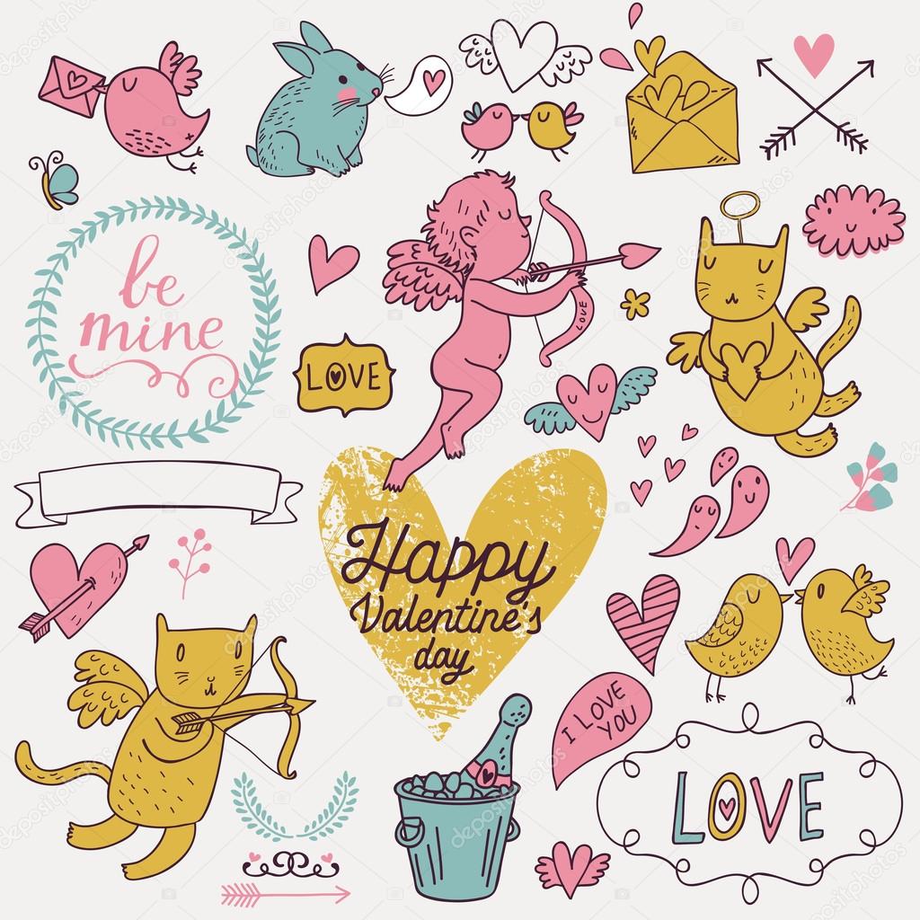 Valentines Day cartoon vector set in romantic colors.