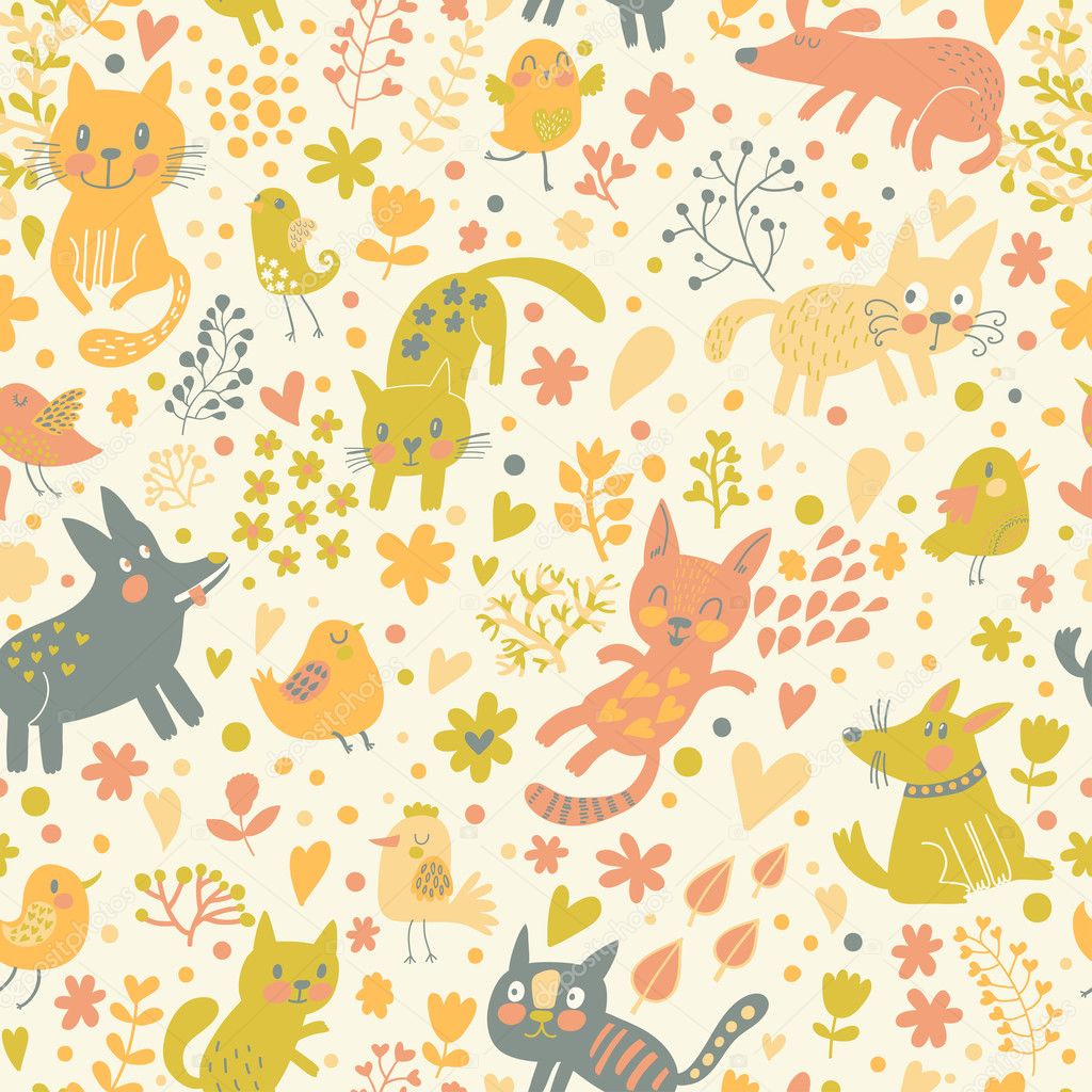 Bright childish seamless pattern with birds, cats and funny dogs