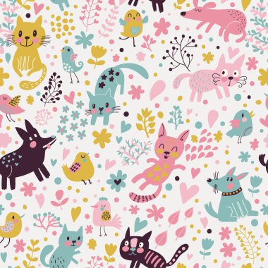 kuş, kedi ve köpeklerin komik ile parlak çocukça seamless modeli
