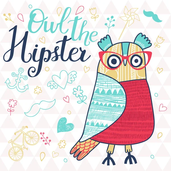 Owl the hipster in childish style. — Stock Vector