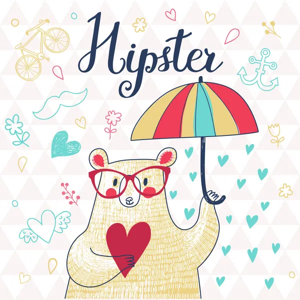 Hipster ours polaire avec des lunettes sous le parapluie . — Image vectorielle