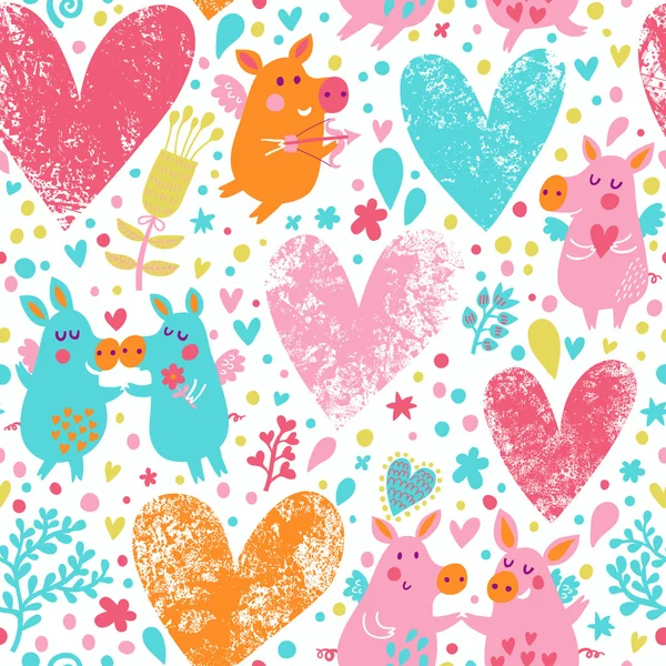 Fondo romántico con cerdos divertidos, flores y corazones — Vector de stock