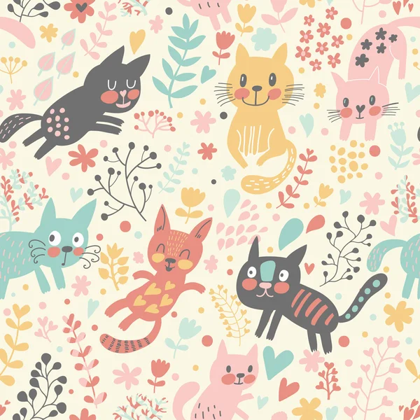 Childish seamless pattern with funny cats — Stock Vector