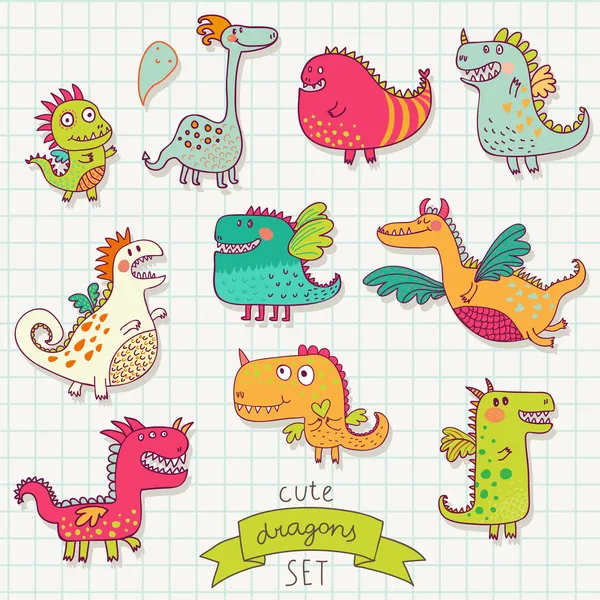 komik karikatür ejderha vektör ayarla.