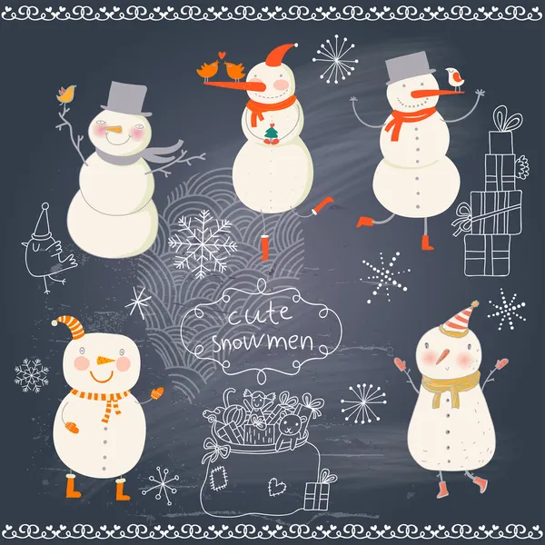 Αστείο καρτούν χιονάνθρωποι διακοπές σύνολο. — Διανυσματικό Αρχείο