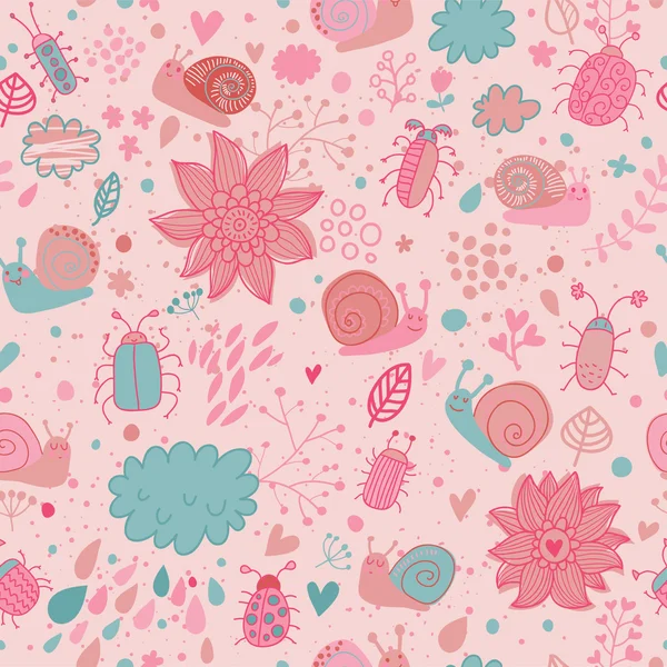 Κομψό floral φόντο με σαλιγκάρια και διάφορα σφάλματα — Διανυσματικό Αρχείο