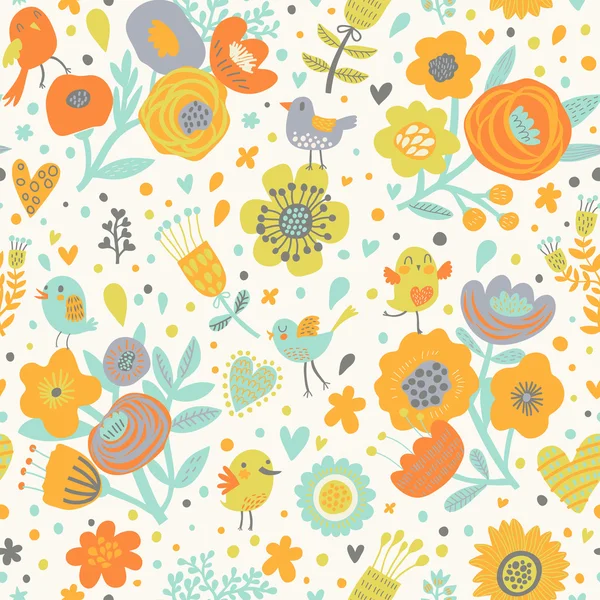 Stylish floral seamless pattern with birds — Stock Vector