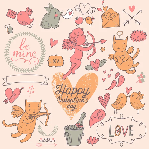 Valentines Day cartoon vector set in romantic colors. — Stock Vector