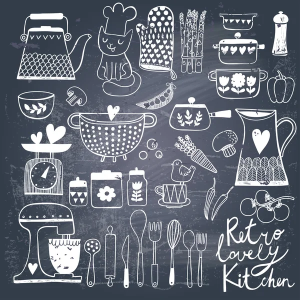 Vintage kitchen set in vector on chalkboard background. — Stock Vector