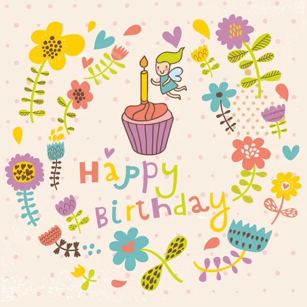 Tarjeta de feliz cumpleaños floral brillante en vector . — Vector de stock