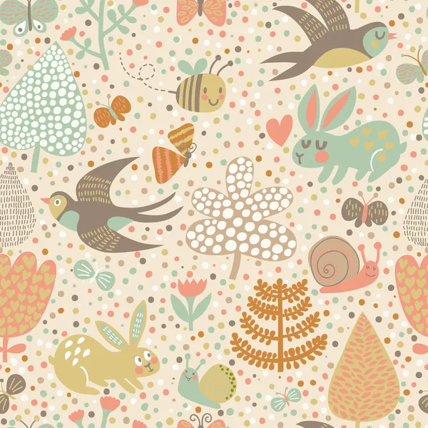 Mignon motif sans couture avec des oiseaux hirondelles, lapins, abeilles — Image vectorielle