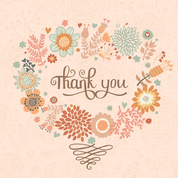 Bedankt! heldere cartoon kaart gemaakt van bloemen. — Stockvector