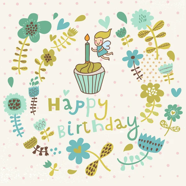 Bright floral Happy Birthday card in vector. — Stock Vector