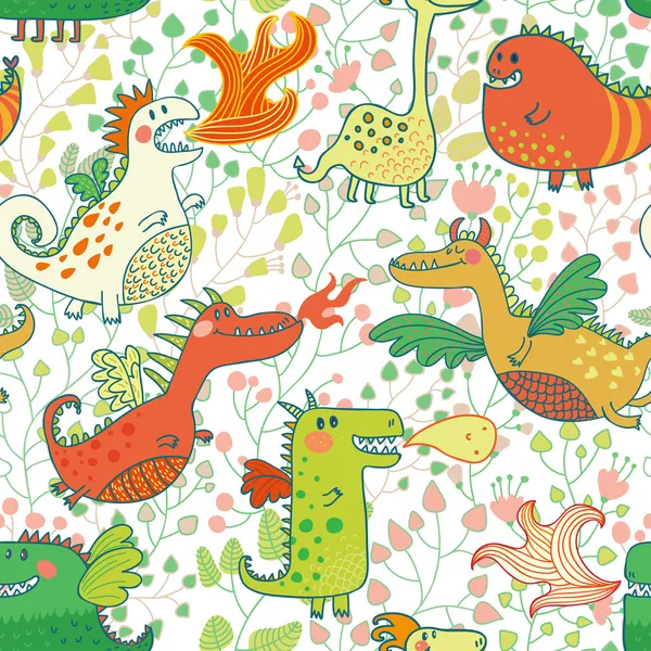 Çiçek bahçesinde ejderha ile komik seamless modeli.