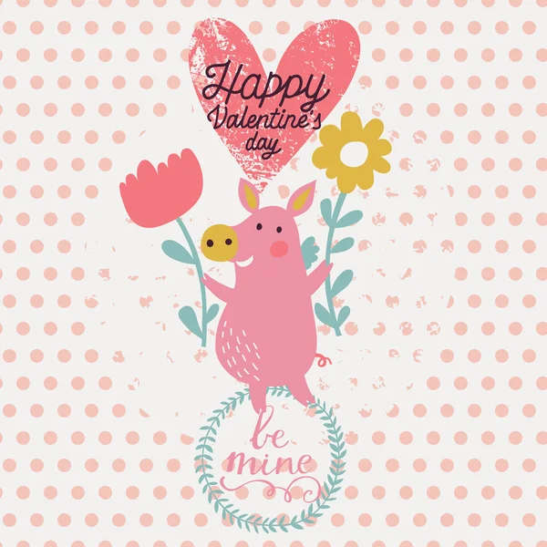 Cute funny pig with flowers in childish vector card. — Stock Vector