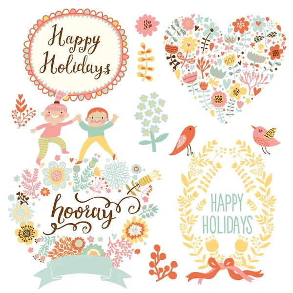 Holiday romantic collection with labels, ribbons, hearts — Stock Illustration Holiday romantic collection with labels, ribbons, hearts Stock Illustration