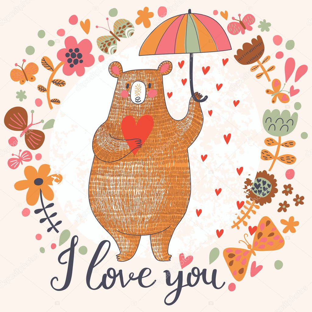 Concept romantic card with cute bear and the rain