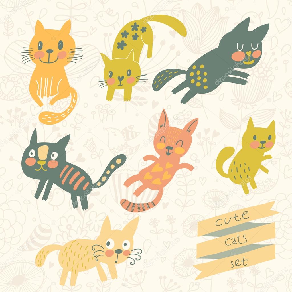 Seven funny kittens in cartoon style.