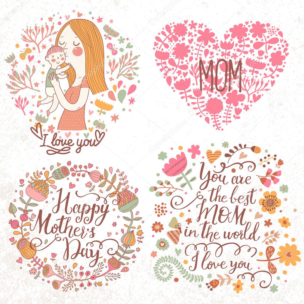 cards with mother and child, flower wreath, hearts.