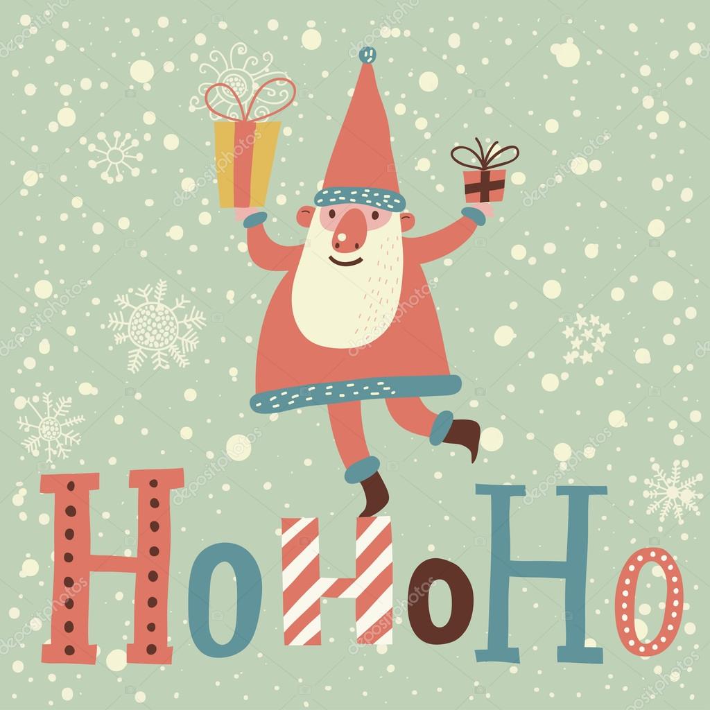 Divertente Babbo Natale con doni su testo hohoho in vettoriale cartolina di Natale simpatico cartone animato in colori pastello — Vettoriali di