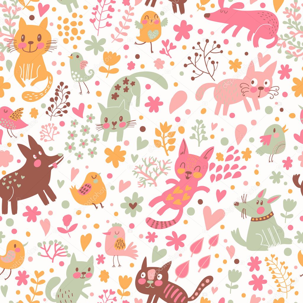 Bright childish seamless pattern with birds, cats and funny dogs