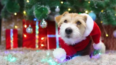 Kırmızı eşarplı ve şapkalı bir köpek Noel ağacının altında hediyelerle yatıyor.