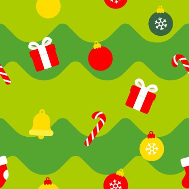 Noel süsleri ve Noel ağacı arkaplanındaki nesnelerin kusursuz deseni.