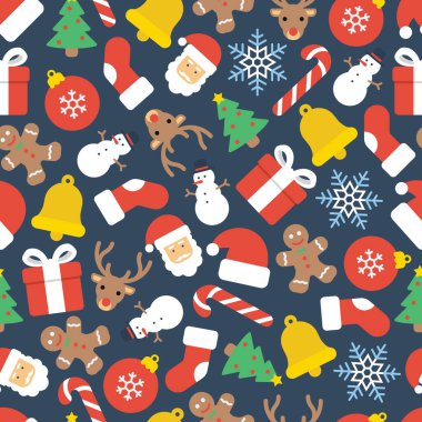 Koyu mavi arkaplandaki Noel simgelerinin renkli tekrarlanabilir, pürüzsüz deseni.