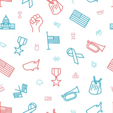 Seamless red and blue outline icon pattern of American holidays things