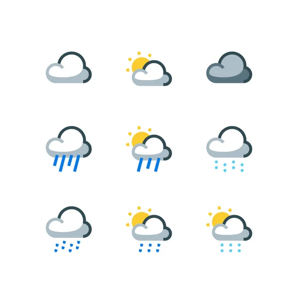 Bewölktes Wetter Icon Set Mit Nieselregen Und Regenvektorsymbolen — Stockvektor
