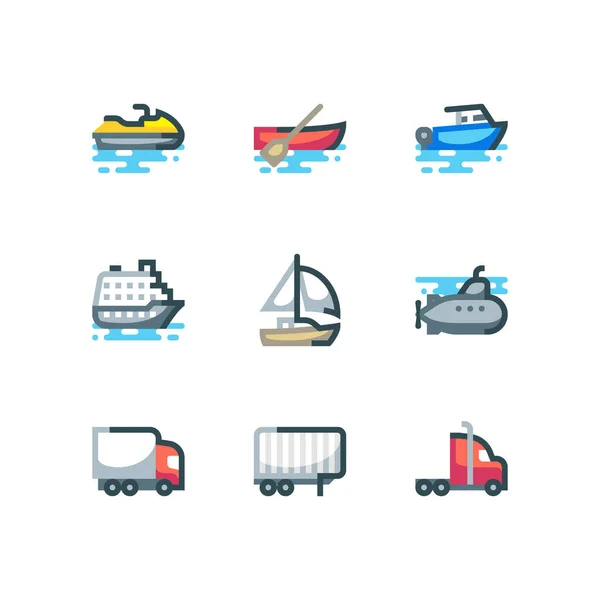 Truck and water transportation icon set with ship and boat vector icons