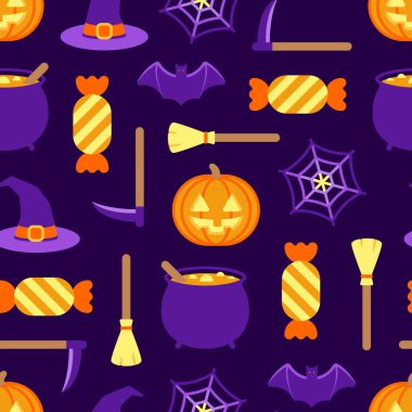 Halloween themed seamless pattern of orange and purple colored icons