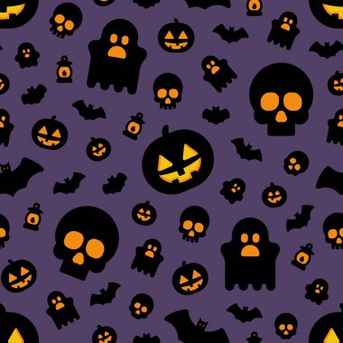 Spooky Halloween seamless pattern with jack-o-lantern on purple background