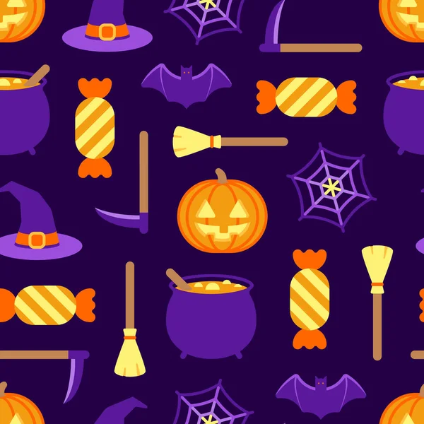 Halloween themed seamless pattern of orange and purple colored icons