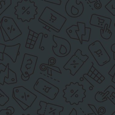 Subtle black on black Black friday and cyber monday seamless pattern of outline icons