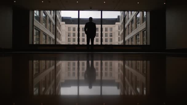 Silhouet van een man in kantoorgebouw — Stockvideo