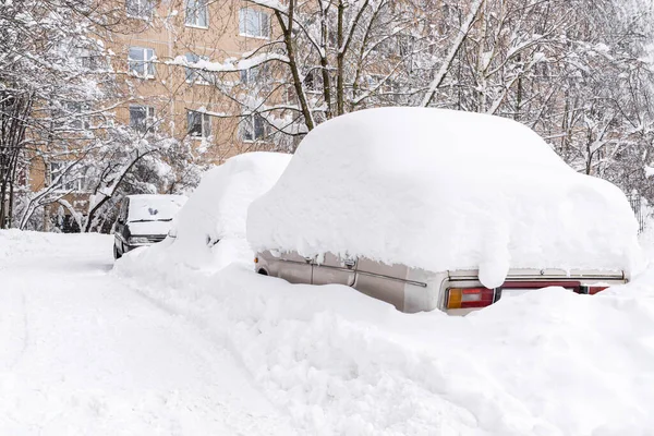Auto Completamente Coperte Neve Dopo Nevicate Pesanti Sono Cortile Edificio — Foto Stock