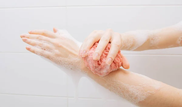 Girl White Bathroom Foam Rubs Her Hands Pink Washcloth — Stock Photo, Image