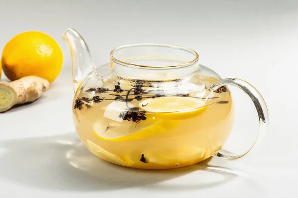 Hot Ginger Tea Lemon Honey Glass Cup Light Grey Background — Stock Photo, Image