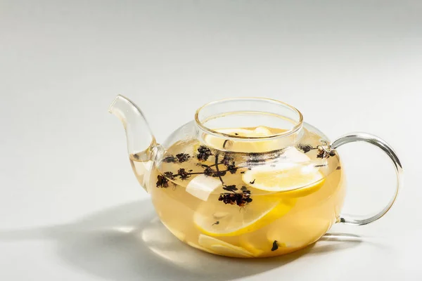 Hot Ginger Tea Lemon Honey Glass Cup Light Grey Background — Stock Photo, Image