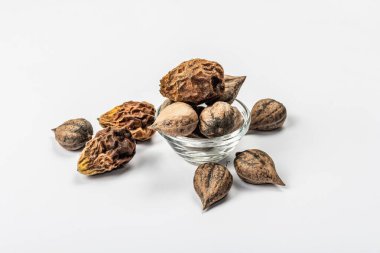 Olgun Juglans cordiforis Maxim ya da beyaz arka planda izole edilmiş kalp şeklinde ceviz. Genç yeşil ve soyulmamış fındıklar, düz yatış, model, şablon